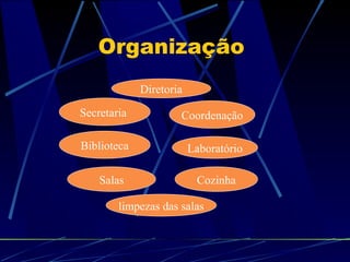Organização
Secretaria
Cozinha
Coordenação
Diretoria
Biblioteca Laboratório
Salas
limpezas das salas
 