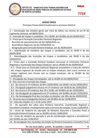 SINTE/SC - SINDICATO DOS TRABALHADORES EM
EDUCAÇÃO NA REDE PÚBLICA DO ENSINO DO ESTADO
DE SANTA CATARINA
Por uma escola pública, gratuita, de qualidade e universal!
Rua Tiradentes, 167 - Centro - Florianópolis – SC - CEP 88010-430
Fone: (048) 32120300 - www.sinte-sc.org.br - sinte-sc@sinte-sc.org.br
19
ANEXO ÚNICO
Principais Prazos determinados para o processo eleitoral
1 – Convocação das eleições gerais por meio de edital, nos termos do art 8º do
regimento eleitoral, até 08/05/2019
2 – Inscrição de chapas e candidatos: 25 e 26/04, até 18:00hs do dia 26/04/2019
3 – Prazo para Formação Comissões Eleitorais Regionais:
Reuniões de representantes até dia 18/04/2019, ou
Assembleias Regionais até dia 23/04/2019, ou
Designação pela Comissão Eleitoral Estadual, até dia 30/04/2019
4 – Substituição de membros das chapas e candidatos: até às 18:00 h do dia
06/05/2019
5 - Homologação das inscrições de chapas e candidatos: até 18:00 h do dia
30/04/2019
6 – Prazo para a Comissão Eleitoral Estadual comunicar as Comissões Eleitorais
Regionais a numeração das Chapas Estaduais: até as 18:00h do dia 30/04/2019
6.1 – Prazo para as Comissões Eleitorais Regionais procederem a troca do número
das chapas regionais de acordo com as chapas estaduais, bem como numerar as
chapas regionais sem vínculo com as chapas estaduais: até as 18:00h do dia
02/05/2019
7 – Divulgação das chapas homologadas: até as 18:00h do dia 08/05/2019
8 – Dos recursos à inscrição das chapas:
8.1 - Do recurso à 1ª instância: de 09 e 10/05/2019, até 18:00 h do dia 10/05/2019
8.2 - Divulgação julgamento recurso em 1ª instância: até 18:00 do dia 13/05/2019
8.3 - Do recurso à 2ª instância: dias 14 e 15/05, até 18:00hs do dia 15/05/2019
8.4 – Da divulgação do julgamento em 2ª instância: até 18:00hs do dia 17/05/2019
8.5 – Da homologação final das inscrições às eleições: até 18hs do dia 20/05/2019
9 – Do prazo para propaganda eleitoral: até 20:00hs do dia 12/06/2019
10 – Data das eleições 11 e 12 de junho 2019
11 - Da apuração dos votos para Diretoria Executiva, Coordenação Regional e
Conselheiro Estadual: imediatamente após o término da votação, no dia 12/06/2019
12 – Envio do relatório da apuração da Diretoria Executiva e Conselho Fiscal à
Comissão Eleitoral Estadual: até as 18:00hs do dia 13/06/2019
13 – Envio do relatório da apuração e ata da coordenação regional e conselheiros:
até 18:00hs do dia 17/06/2019
14 - Da divulgação dos resultados da eleição da Diretoria Executiva e Conselho Fiscal,
 