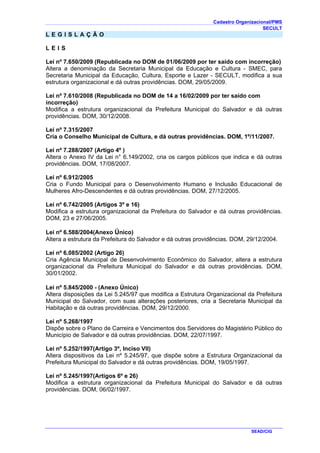 Cadastro Organizacional/PMS
SECULT
SEAD/CIG
L E G I S L A Ç Ã O
L E I S
Lei nº 7.650/2009 (Republicada no DOM de 01/06/2009 por ter saído com incorreção)
Altera a denominação da Secretaria Municipal da Educação e Cultura - SMEC, para
Secretaria Municipal da Educação, Cultura, Esporte e Lazer - SECULT, modifica a sua
estrutura organizacional e dá outras providências. DOM, 29/05/2009.
Lei nº 7.610/2008 (Republicada no DOM de 14 a 16/02/2009 por ter saído com
incorreção)
Modifica a estrutura organizacional da Prefeitura Municipal do Salvador e dá outras
providências. DOM, 30/12/2008.
Lei nº 7.315/2007
Cria o Conselho Municipal de Cultura, e dá outras providências. DOM, 1º/11/2007.
Lei nº 7.288/2007 (Artigo 4º )
Altera o Anexo IV da Lei n° 6.149/2002, cria os cargos públicos que indica e dá outras
providências. DOM, 17/08/2007.
Lei nº 6.912/2005
Cria o Fundo Municipal para o Desenvolvimento Humano e Inclusão Educacional de
Mulheres Afro-Descendentes e dá outras providências. DOM, 27/12/2005.
Lei nº 6.742/2005 (Artigos 3º e 16)
Modifica a estrutura organizacional da Prefeitura do Salvador e dá outras providências.
DOM, 23 e 27/06/2005.
Lei nº 6.588/2004(Anexo Único)
Altera a estrutura da Prefeitura do Salvador e dá outras providências. DOM, 29/12/2004.
Lei nº 6.085/2002 (Artigo 26)
Cria Agência Municipal de Desenvolvimento Econômico do Salvador, altera a estrutura
organizacional da Prefeitura Municipal do Salvador e dá outras providências. DOM,
30/01/2002.
Lei nº 5.845/2000 - (Anexo Único)
Altera disposições da Lei 5.245/97 que modifica a Estrutura Organizacional da Prefeitura
Municipal do Salvador, com suas alterações posteriores, cria a Secretaria Municipal da
Habitação e dá outras providências. DOM, 29/12/2000.
Lei nº 5.268/1997
Dispõe sobre o Plano de Carreira e Vencimentos dos Servidores do Magistério Público do
Município de Salvador e dá outras providências. DOM, 22/07/1997.
Lei nº 5.252/1997(Artigo 3º, Inciso VII)
Altera dispositivos da Lei nº 5.245/97, que dispõe sobre a Estrutura Organizacional da
Prefeitura Municipal do Salvador e dá outras providências. DOM, 19/05/1997.
Lei nº 5.245/1997(Artigos 6º e 26)
Modifica a estrutura organizacional da Prefeitura Municipal do Salvador e dá outras
providências. DOM, 06/02/1997.
 
