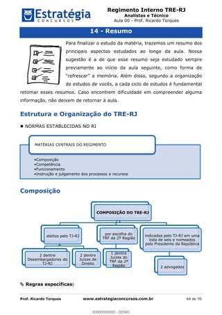 Regimento Interno TRE-RJ
Analistas e Técnico
Aula 00 - Prof. Ricardo Torques
Prof. Ricardo Torques www.estrategiaconcursos.com.br 64 de 70
14 - Resumo
Para finalizar o estudo da matéria, trazemos um resumo dos
principais aspectos estudados ao longo da aula. Nossa
sugestão é a de que esse resumo seja estudado sempre
previamente ao início da aula seguinte, como forma de
de estudos de vocês, a cada ciclo de estudos é fundamental
retomar esses resumos. Caso encontrem dificuldade em compreender alguma
informação, não deixem de retornar à aula.
Estrutura e Organização do TRE-RJ
NORMAS ESTABLECIDAS NO RI
Composição
Regras específicas:
Composição
Competência
Funcionamento
Instrução e julgamento dos processos e recursos
MATÉRIAS CENTRAIS DO REGIMENTO
COMPOSIÇÃO DO TRE-RJ
eleitos pelo TJ-RJ
2 dentre
Desembargadores do
TJ-RJ
2 dentre
Juízes de
Direito
por escolha do
TRF da 2ª Região
1 dentre
Juízes do
TRF da 2ª
Região
indicados pelo TJ-RJ em uma
lista de seis e nomeados
pelo Presidente da República
2 advogados
00000000000
00000000000 - DEMO
 