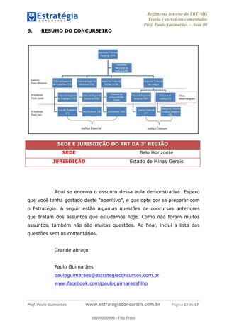 Regimento Interno do TRT-MG
Teoria e exercícios comentados
Prof. Paulo Guimarães – Aula 00
! ! ! ! ! ! ! !
! !
!∀#∃%&!∋()#&∗(+,∋∀−./&&&&&&&&&&&&&&&&&&&&∀∀∀#∃%&∋(&∃)∗(+,−+.∋%,%#+,/#0∋!!!!!!!!!!!∀#∃%&∋!13!()!12!
6. RESUMO DO CONCURSEIRO
!
!
SEDE E JURISDIÇÃO DO TRT DA 3a
REGIÃO
SEDE Belo Horizonte
JURISDIÇÃO Estado de Minas Gerais
!
Aqui se encerra o assunto dessa aula demonstrativa. Espero
que você tenha gostado deste “aperitivo”, e que opte por se preparar com
o Estratégia. A seguir estão algumas questões de concursos anteriores
que tratam dos assuntos que estudamos hoje. Como não foram muitos
assuntos, também não são muitas questões. Ao final, incluí a lista das
questões sem os comentários.
Grande abraço!
Paulo Guimarães
pauloguimaraes@estrategiaconcursos.com.br
www.facebook.com/pauloguimaraesfilho
99999999999
99999999999 - Filip Polvo
 