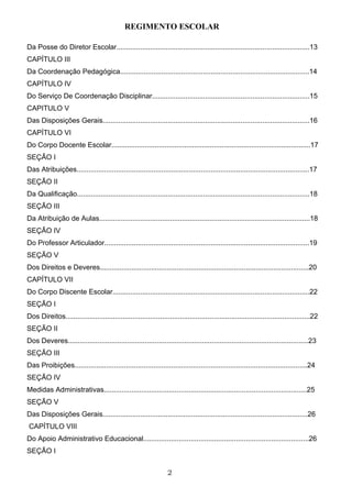 REGIMENTO ESCOLAR

Da Posse do Diretor Escolar..................................................................................................13
CAPÍTULO III
Da Coordenação Pedagógica................................................................................................14
CAPÍTULO IV
Do Serviço De Coordenação Disciplinar................................................................................15
CAPITULO V
Das Disposições Gerais.........................................................................................................16
CAPÍTULO VI
Do Corpo Docente Escolar.....................................................................................................17
SEÇÃO I
Das Atribuições......................................................................................................................17
SEÇÃO II
Da Qualificação......................................................................................................................18
SEÇÃO III
Da Atribuição de Aulas...........................................................................................................18
SEÇÃO IV
Do Professor Articulador........................................................................................................19
SEÇÃO V
Dos Direitos e Deveres..........................................................................................................20
CAPÍTULO VII
Do Corpo Discente Escolar....................................................................................................22
SEÇÃO I
Dos Direitos............................................................................................................................22
SEÇÃO II
Dos Deveres..........................................................................................................................23
SEÇÃO III
Das Proibições......................................................................................................................24
SEÇÃO IV
Medidas Administrativas.......................................................................................................25
SEÇÃO V
Das Disposições Gerais........................................................................................................26
CAPÍTULO VIII
Do Apoio Administrativo Educacional....................................................................................26
SEÇÃO I


                                                                  2
 