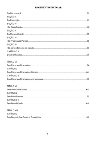 REGIMENTO ESCOLAR

Da Recuperação.....................................................................................................................61
SEÇÃO III
Da Promoção..........................................................................................................................61
SEÇÃO IV
Da Classificação.....................................................................................................................62
SEÇÃO V
Da Reclassificação ................................................................................................................62
SEÇÃO VI
Da Progressão Parcial...........................................................................................................63
SEÇÃO VII
Do aproveitamento de estudo................................................................................................63
CAPÍTULO III
Dos Certificados ....................................................................................................................64


TÍTULO VI
Dos Recursos Financeiros......................................................................................................64
CAPÍTULO I
Dos Recursos Financeiros Oficiais........................................................................................64
CAPÍTULO II
Dos Recursos Financeiros promocionais...............................................................................65


TÍTULO VII
Do Patrimônio Escolar...........................................................................................................65
CAPÍTULO I
Dos Bens Imóveis...................................................................................................................65
CAPÍTULO II
Dos Bens Móveis...................................................................................................................65


TÍTULO VIII
CAPÍTULO I
Das Disposições Gerais e Transitórias..................................................................................65




                                                                  6
 