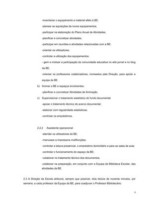 -inventariar o equipamento e material afeto à BE;
-planear as aquisições de novos equipamentos;
-participar na elaboração do Plano Anual de Atividades;
-planificar e concretizar atividades;
-participar em reuniões e atividades relacionadas com a BE;
-orientar os utilizadores;
-controlar a utilização dos equipamentos;
- gerir e motivar a participação da comunidade educativa no wiki jornal e no blog
da BE;
-orientar os professores colaboradores, nomeados pela Direção, para apoiar a
equipa da BE.
b) Animar a BE e espaços envolventes:
-planificar e concretizar Atividades de Animação.
c) Supervisionar o tratamento estatístico do fundo documental:
-apoiar o tratamento técnico do acervo documental;
-elaborar com regularidade estatísticas;
-controlar os empréstimos.
2.2.2 Assistente operacional:
-atender os utilizadores da BE;
-manusear a impressora multifunções;
-controlar a leitura presencial, o empréstimo domiciliário e para as salas de aula;
-controlar o funcionamento do espaço da BE;
-colaborar no tratamento técnico dos documentos;
-colaborar na preparação, em conjunto com a Equipa da Biblioteca Escolar, das
atividades da BE.
2.3 A Direção da Escola atribuirá, sempre que possível, dois blocos de noventa minutos, por
semana, a cada professor da Equipa da BE, para coadjuvar o Professor Bibliotecário.
6
 