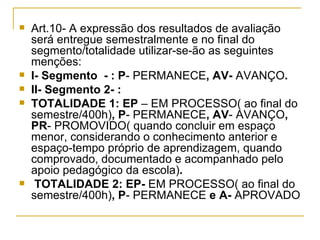 Art.10- A expressão dos resultados de avaliação será entregue semestralmente e no final do segmento/totalidade utilizar-se-ão as seguintes menções:   I- Segmento  - :   P - PERMANECE , AV-  AVANÇO .  II- Segmento 2- : TOTALIDADE 1: EP  – EM PROCESSO( ao final do semestre/400h) , P - PERMANECE , AV - AVANÇO , PR - PROMOVIDO( quando concluir em espaço menor, considerando o conhecimento anterior e espaço-tempo próprio de aprendizagem, quando comprovado, documentado e acompanhado pelo apoio pedagógico da escola) . TOTALIDADE 2: EP-  EM PROCESSO( ao final do semestre/400h) , P - PERMANECE  e A-  APROVADO 