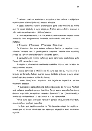 18




     O professor realiza a avaliação do aproveitamento com base nos objetivos
específicos de sua disciplina e/ou de cada atividade.
     A Escola determina valores diferenciados para cada trimestre, de forma
que, na escala adotada, o aluno possa, ao final do período letivo, alcançar o
valor máximo desta escala – 100 (cem) pontos.
     Ao final do período letivo, a apuração do aproveitamento do aluno é obtida
através da soma dos pontos dos trimestres, resultando na soma anual.
Portanto:
     1º Trimestre + 2º Trimestre + 3º Trimestre = Nota Anual
     Os trimestres têm seus valores máximos fixados da seguinte forma:
Primeiro Trimestre vale 30 (trinta) pontos; Segundo Trimestre vale 30 (trinta)
pontos e o Terceiro Trimestre vale 40 (quarenta) pontos.
     O aproveitamento mínimo suficiente para aprovação estabelecida pela
Escola é 60 (sessenta) pontos.
     A freqüência mínima estabelecida corresponde a 75% do total de horas de
efetivo trabalho docente.
     A escola comunica a infreqüência do aluno aos pais ou responsáveis e
também ao Conselho Tutelar, quando menor de idade, antes de o aluno atingir
o total máximo previsto na legislação vigente.
     O aluno infreqüente, amparado em legislação específica, recebe
tratamento especial.
      A avaliação do aproveitamento da EJA (Educação de Jovens e Adultos)
será realizada através de parecer descritivo. Sendo assim, as avaliações dentro
de cada etapa terão as seguintes menções: S (satisfatório) e I ( insatisfatório),e
ao final de cada etapa são “A” de Avançar e “P” de Permanecer.
     Para o aluno obter aprovação no final do período letivo, deverá atingir 50%
(cinqüenta) dos objetivos propostos.
      Na EJA, será exigido o mínimo de 75% (setenta e cinco) de freqüência,
sendo que os alunos amparados em legislação específica terão tratamento
especial.
 