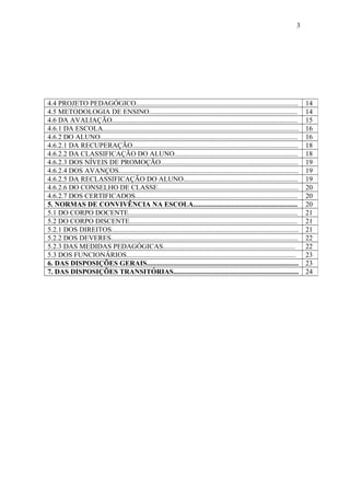 3




4.4 PROJETO PEDAGÓGICO............................................................................................               14
4.5 METODOLOGIA DE ENSINO....................................................................................                    14
4.6 DA AVALIAÇÃO.........................................................................................................        15
4.6.1 DA ESCOLA...............................................................................................................   16
4.6.2 DO ALUNO................................................................................................................   16
4.6.2.1 DA RECUPERAÇÃO..............................................................................................             18
4.6.2.2 DA CLASSIFICAÇÃO DO ALUNO......................................................................                          18
4.6.2.3 DOS NÍVEIS DE PROMOÇÃO..............................................................................                     19
4.6.2.4 DOS AVANÇOS......................................................................................................        19
4.6.2.5 DA RECLASSIFICAÇÃO DO ALUNO.................................................................                             19
4.6.2.6 DO CONSELHO DE CLASSE................................................................................                    20
4.6.2.7 DOS CERTIFICADOS............................................................................................             20
5. NORMAS DE CONVIVÊNCIA NA ESCOLA...........................................................                                    20
5.1 DO CORPO DOCENTE................................................................................................             21
5.2 DO CORPO DISCENTE...............................................................................................             21
5.2.1 DOS DIREITOS..........................................................................................................     21
5.2.2 DOS DEVERES..........................................................................................................      22
5.2.3 DAS MEDIDAS PEDAGÓGICAS...........................................................................                         22
5.3 DOS FUNCIONÁRIOS................................................................................................             23
6. DAS DISPOSIÇÕES GERAIS......................................................................................                  23
7. DAS DISPOSIÇÕES TRANSITÓRIAS.......................................................................                           24
 