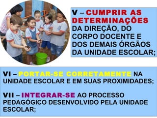 V – CUMPRIR AS
                 DETERMINAÇÕES
                 DA DIREÇÃO, DO
                 CORPO DOCENTE E
                 DOS DEMAIS ÓRGÃOS
                 DA UNIDADE ESCOLAR;

VI – PORTAR-SE CORRETAMENTE NA
UNIDADE ESCOLAR E EM SUAS PROXIMIDADES;

VII – INTEGRAR-SE AO PROCESSO
PEDAGÓGICO DESENVOLVIDO PELA UNIDADE
ESCOLAR;
 