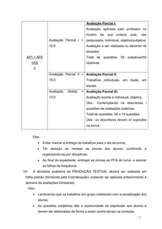32
AP1 + AP2
+AG
3
Avaliação Parcial I =
10,0
Avaliação Parcial I:
Avaliação aplicada pelo professor no
horário de sua própria aula, não
pesquisada, individual, objetiva/subjetiva.
Avaliação a ser realizada no decorrer do
bimestre.
Total de questões: 05 subjetivas/03
objetivas.
Avaliação Parcial II =
10,0
Avaliação Parcial II:
Trabalhos individuais, em dupla, em
equipe.
Avaliação Global =
10,0
Avaliação Parcial III:
Avaliação escrita e individual, objetiva.
Obs.: Contemplando os descritores /
questões de avaliações externas.
Total de questões: 08 a 10 questões.
Obs.: os descritores devem vir explícitos
na prova.
Obs.:
 Evitar marcar a entrega de trabalhos para o dia da prova;
 Ter atenção ao receber as provas dos alunos; conferindo e
organizando-as por disciplinas;
 Ao final do expediente, entregar as provas ao PCA do turno, e assinar
as folhas de frequência.
VII. A atividade avaliativa de PRODUÇÃO TEXTUAL deverá ser realizada em
folha padrão (fornecida pela Coordenação), podendo ser aplicada anteriormente à
semana de avaliações bimestrais;
Obs.:
 Lembramos que os trabalhos em grupo colaboram com a socialização dos
alunos;
 As questões subjetivas dão a oportunidade de expressão aos alunos e
devem ser elaboradas de forma a evitar contra tempo na correção.
 