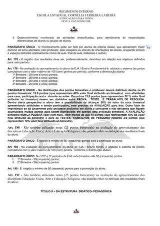 59 
REGIMENTO INTERNO 
ESCOLA ESTADUAL CORNÉLIA FERREIRA LADEIRA 
A EDUCAÇÃO É PARA TODOS. 
LEVE A PAZ AONDE FOR. 
II. Desenvolvimento monitorado de atividades diversificadas, para atendimento às necessidades 
diferenciadas de alunos ou grupos de alunos. 
PARÁGRAFO ÚNICO - O monitoramento pode ser feito por alunos da própria classe, que apresentem maior 
domínio do tema abordado, pelo professor, pelo estagiário ou através de orientações de estudo, ocupando tempos 
e espaços definidos coletivamente (início da aula, final da aula, biblioteca e outros). 
Art. 178 - O registro dos resultados deve ser, preferencialmente, descritivo em relação aos objetivos definidos 
para cada período. 
Art. 179 - Na avaliação do aproveitamento do aluno de EJA / Ensino Fundamental é adotado o sistema de pontos 
cumulativos com o valor máximo de 100 (cem) pontos por período, conforme a distribuição abaixo: 
1º Bimestre - 25(vinte e cinco) pontos; 
2º Bimestre - 25(vinte e cinco) pontos; 
3º Bimestre - 25(vinte e cinco) pontos; 
4º Bimestre - 25(vinte e cinco) pontos. 
PARÁGRAFO ÚNICO – Na distribuição dos pontos bimestrais o professor deverá distribuir dentre os 25 
pontos bimestrais: 12,0 pontos (que representam 48% valor final atribuído ao bimestre) com atividades 
para casa, participação oral e durante as aulas. Os outros 13,0 pontos (que representam 52 % valor final 
atribuído ao bimestre) devem ser divididos entre PROVA, TESTE E TRABALHOS DE PESQUISA. 
Dentro desta perspectiva o aluno tem a possibilidade de alcançar 50% do valor da nota bimestral 
apresentando atividades e sendo participativo, sem precisar da AVALIAÇÃO para isto. Outro fator de 
importância se dá justamente pelo processo avaliativo ser diário e constante e não deixando que fiquem 
acumulados muitos pontos para serem distribuídos em apenas uma avaliação bimestral. A AVALIAÇÃO 
bimestral NUNCA PODERÁ valer nem mais , nem menos do que 10 pontos (que representam 40% do valor 
final atribuído ao bimestre) e para os TESTES, TRABALHOS DE PESQUISA restarão 3,0 pontos (que 
representam 12% valor final atribuído ao bimestre). 
Art. 188 - São também utilizadas notas (25 pontos bimestrais) na avaliação do aproveitamento das 
disciplinas Educação Física, Arte e Educação Religiosa, não poderão influir na definição dos resultados finais 
do aluno: 
PARÁGRAFO ÚNICO - É exigido o mínimo de 50 (cinquenta) pontos para a promoção do aluno. 
Art. 189 - Na avaliação do aproveitamento do aluno de EJA / Ensino Médio, é adotado o sistema de pontos 
cumulativos com o valor máximo de 100 (cem) pontos , conforme a distribuição abaixo: 
PARÁGRAFO ÚNICO: No 1º/2º e 3º períodos da EJA cada bimestre vale 50 (cinquenta) pontos: 
I. 1º Bimestre - 50(cinquenta) pontos; 
II. 2º Bimestre - 50(cinquenta) pontos. 
Art. 190 - É exigido o mínimo de 50 (sessenta) pontos para a promoção do aluno. 
Art. 191 - São também utilizadas notas (25 pontos bimestrais) na avaliação do aproveitamento das 
disciplinas Educação Física, Arte e Educação Religiosa, não poderão influir na definição dos resultados finais 
do aluno: 
TÍTULO X – DA ESTRUTURA DIDÁTICO- PEDAGÓGICA 
 