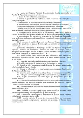 V – quanto ao Programa Nacional de Alimentação Escolar, acompanhar o
Auxiliar de Apoio Escolar, quando se tratar do:
        a) cálculo do valor nutricional dos alimentos;
        b) cálculo da quantidade de produtos a serem adquiridos para execução do
cardápio planejado;
        c) controle diário de estoque e qualidade dos alimentos adquiridos;
        d) armazenamento dos alimentos, em conformidade com a legislação vigente;
        e) controle do cronograma de entrega de alimentos com o fornecedor;
        f) cálculo da aceitação das preparações servidas, encaminhando o resultado ao
setor pedagógico, para possível trabalho de reeducação alimentar;
        g) monitoramento do peso da porção servida ao aluno, obedecendo à resolução
vigente, fazendo intervenção dos resultados face ao desempenho pedagógico do aluno;
        h) monitoramento das merendeiras no preparo e distribuição da alimentação,
observando os procedimentos padrões de higiene operacional, em conformidade com a
legislação vigente;
        i) teste bimestral de aceitabilidade, junto aos alunos do Programa, para avaliar a
aceitação dos cardápios ou quando da introdução de alimentos atípicos ao hábito
alimentar; e
        j) monitorar o Programa de Alimentação Escolar nas etapas de planejamento,
aquisição, produção da alimentação, prestação de contas da execução física e
pedagógica realizadas pelo Auxiliar de Apoio Escolar, conforme Resolução vigente do
MEC/FNDE e o Manual de Operacionalização/SEDUC;
        VI – manter contato com o servidor da DRE, responsável pelas informações
patrimoniais em âmbito regional, com o intuito de se manter informado sobre a gestão
de patrimônio;
        VII – conservar atualizado o cadastro de fornecedores de bens e serviços;
        VIII – elaborar contratos de prestação de serviço, quando for o caso;
        IX – instruir-se sobre normas de prestação de contas dos recursos administrados
pela Associação de Apoio à Escola;
        X – fornecer as informações e os materiais necessários às equipes fiscalizadoras
da Administração Pública;
        XI – atualizar-se em relação às necessidades físicas de bens e de serviços da UE;
        XII – zelar pela economicidade e probidade administrativa da gestão financeira;
        XIII – exigir o cumprimento das normas legais que disciplinam a gestão dos
recursos públicos;
        XIV – conceder esclarecimentos ao tesoureiro da associação de apoio escolar no
controle financeiro dos recursos recebidos pela associação, por meio do Livro de
Contas-Correntes ou outros mecanismos;
        XV – emitir cheques das despesas contraídas e colher assinaturas do presidente e
tesoureiro da associação;
        XVI – organizar os extratos bancários em pastas específicas para cada conta-
corrente, mantendo-os em ordem cronológica de datas crescentes;
        XVII – encaminhar mensalmente os documentos de despesa para o contador,
estabelecendo tempo para retorno à UE;
        XVIII – montar prestação de contas dos recursos recebidos, em consonância
com os modelos exigidos por programa, e apresentá-la à Associação de Apoio à Escola
para aprovação;




                                           17
 