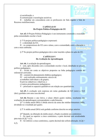 e) socialização; e
      f) comunicação e tecnologias assistivas.
      II – trabalhar em consonância com os professores de Sala regular e Sala de
Recursos multifuncionais.

                                   CAPÍTULO IV
                        Do Projeto Político-Pedagógico da UE

       Art. 63. O Projeto Político-Pedagógico é um instrumento construído e executado
pelas comunidades escolar e local.

      § 1o O projeto político-pedagógico expressará:
      I – a identidade da UE;
      II – os compromissos da UE com o aluno, com a comunidade, com a educação e
com o meio ambiente.

       § 2o No projeto político-pedagógico deve estar inserido o plano de ação da UE.

                                   CAPÍTULO V
                           Da Avaliação da Aprendizagem

        Art. 64. A avaliação da aprendizagem:
        I – será, após discutida com a comunidade escolar e local, detalhada no projeto
político-pedagógico;
        II – levará em conta os objetivos propostos na linha pedagógica contida no
referencial curricular;
        III – constará do planejamento didático-pedagógico;
        IV – será realizada continuamente, através de:
        a) trabalhos individuais e de grupos;
        b) provas subjetivas e objetivas; e
        c) outros procedimentos pedagógicos;
        V – priorizará os aspectos qualitativos em relação aos quantitativos.

        Art. 65. A avaliação será expressa em notas graduadas de 0,0 (zero) a 10,0
(dez), grafadas com uma casa decimal.

       Art. 66. Durante o ano letivo, o aluno obterá quatro médias, resultantes das
avaliações da aprendizagem correspondente a cada bimestre.
       §1o A média anual (MA) é obtida através da soma das médias bimestrais (MB),
dividindo-se o resultado por quatro.

       § 2o A média anual (MA) será grafada conforme descrito no artigo anterior.

      §3o Quando, na obtenção da média anual, a fração excedente aos centésimos:
      I – for igual ou superior a cinco centésimos, a parte decimal será arredondada
para mais (6,26 = 6,3);
      II – for inferior a cinco centésimos, a parte decimal não sofrerá alteração. (6,24 =
6,2).



                                           35
 