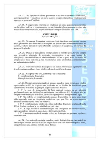 Art. 17. No diploma do aluno que cursou o auxiliar na respectiva habilitação,
correspondente ao 1º módulo de um curso técnico, no aproveitamento de estudos devem
aparecer as notas no 1º módulo.

     Art. 18. A carga horária referente aos estudos de um aluno que cursou quase todas
as disciplinas na EJA, e, posteriormente, cursou duas disciplinas no ensino regular, não
necessita de complementação, respeitando-se as vantagens oferecidas pela EJA.

                                  CAPÍTULO III
                                 DA ADAPTAÇÃO

     Art. 19. No caso de diversidade entre o currículo das séries anteriores do mesmo
nível, já cursadas pelo aluno na UE de origem, e o previsto para as mesmas séries na de
destino, o aluno transferido será submetido a processo de adaptação, nos termos da
presente Resolução.

     Art. 20. Quando a transferência ocorrer durante o período letivo, haverá, sempre
que necessário, adaptação de conteúdos programáticos e de carga horária de
disciplina(s) não concluída(s) ou não cursada(s) na UE de origem, a fim de atender às
exigências do novo currículo, e para possibilitar ao aluno um melhor acompanhamento
da seqüência dos estudos.

     Art. 21. Não estão isentos da adaptação os alunos beneficiados legalmente com
transferência em qualquer época e independente da existência da vaga.

    Art. 22. A adaptação far-se-á, conforme o caso, mediante:
    I - complementação de estudos;
    II - suplementação de estudos.

     Art. 23. Ocorrerá complementação de estudos quando a carga horária dos estudos
aproveitados na UE de origem e dos realizados na de destino for insuficiente para
cumprimento do mínimo exigido por lei para conclusão do curso.
     § 1º No caso de componentes da base nacional comum ou de mínimos
profissionalizantes de habilitações profissionais concluídos na UE de origem não se
exigirá complementação de estudos, desde que seja respeitada a carga mínima legal.
     § 2º Não poderão ser complementados estudos de disciplina em que o aluno tiver
sido reprovado, quer por freqüência insuficiente, quer por falta de aproveitamento
mínimo, tanto na mesma como em outra UE.
     § 3º A complementação obedecerá a plano individual de estudos estabelecido pela
UE de destino, conforme a peculiaridade de cada caso.
     § 4º A carga horária da complementação será consignada no histórico escolar,
após apuração do número de aulas dadas e da freqüência obtida.
     § 5º A complementação de estudos poderá ser feita quer nos períodos regulares,
quer entre eles.

    Art. 24. Ocorrerá suplementação quando o estudo da disciplina não tiver sido feito
em qualquer série ou período da UE de origem e não vier a ser ministrado para o aluno,
em pelo menos uma série ou período, na de destino.



                                          53
 
