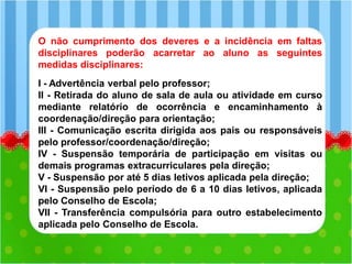 O não cumprimento dos deveres e a incidência em faltas
disciplinares poderão acarretar ao aluno as seguintes
medidas disciplinares:
I - Advertência verbal pelo professor;
II - Retirada do aluno de sala de aula ou atividade em curso
mediante relatório de ocorrência e encaminhamento à
coordenação/direção para orientação;
III - Comunicação escrita dirigida aos pais ou responsáveis
pelo professor/coordenação/direção;
IV - Suspensão temporária de participação em visitas ou
demais programas extracurriculares pela direção;
V - Suspensão por até 5 dias letivos aplicada pela direção;
VI - Suspensão pelo período de 6 a 10 dias letivos, aplicada
pelo Conselho de Escola;
VII - Transferência compulsória para outro estabelecimento
aplicada pelo Conselho de Escola.
 