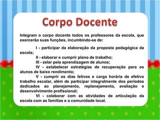 Integram o corpo docente todos os professores da escola, que
exercerão suas funções, incumbindo-se de:
I - participar da elaboração da proposta pedagógica da
escola;
II - elaborar e cumprir plano de trabalho;
III - zelar pela aprendizagem de alunos;
IV - estabelecer estratégias de recuperação para os
alunos de baixo rendimento;
V - cumprir os dias letivos e carga horária de efetivo
trabalho escolar, além de participar integralmente dos períodos
dedicados ao planejamento, replanejamento, avaliação e
desenvolvimento profissional;
VI - colaborar com as atividades de articulação da
escola com as famílias e a comunidade local.
 