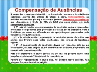 A escola faz o controle sistemático da frequência dos alunos às atividades
escolares, através dos Diários de Classe e adota, bimestralmente, as
medidas necessárias para que os alunos possam compensar as ausências
que ultrapassem o limite de 20% do total das aulas dadas, em cada
componente curricular.
§ 1º - As atividades de compensação de ausências serão programadas,
orientadas e registradas pelo professor da classe ou da disciplina, com a
finalidade de sanar as dificuldades de aprendizagem provocadas pela
frequência irregular às aulas.
§ 2º - As atividades de compensação de ausências serão oferecidas aos
alunos que tiverem suas faltas justificadas, nos termos da legislação
vigente.
§ 3º - A compensação de ausências deverá ser requerida pelo pai ou
responsável, ou pelo próprio aluno, quando maior de idade, no primeiro dia
em que este retornar à escola.
Para ser promovido, o aluno deverá ter, ao final do período letivo, uma
frequência mínima de 75% do total de horas letivas.
Poderá ser reclassificado o aluno que, no período letivo anterior, não
atingiu a frequência mínima exigida.
 