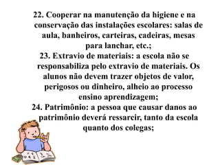 22. Cooperar na manutenção da higiene e na
 conservação das instalações escolares: salas de
    aula, banheiros, carteiras, cadeiras, mesas
                 para lanchar, etc.;
   23. Extravio de materiais: a escola não se
  responsabiliza pelo extravio de materiais. Os
    alunos não devem trazer objetos de valor,
     perigosos ou dinheiro, alheio ao processo
              ensino aprendizagem;
24. Patrimônio: a pessoa que causar danos ao
  patrimônio deverá ressarcir, tanto da escola
                quanto dos colegas;
 