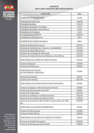 ANEXO IIi
SIGLA DAS UNIDADES ORGANIZACIONAIS
UNIDADES Siglas
GABINETE DO SECRETÁRIO GABS
Assessoria de Informação ASSINF
Consultoria Jurídica COJUR
Consultoria de Gestão Tecnológica CGET
Consultoria de Gestão Administrativa COAD
Consultoria de Licitações COLI
Coordenadoria do PNAGE PNAGE
Consultoria de Planejamento CPLA
GABINETE DO DIRETOR GERAL DIGE
Gerência de Recursos Humanos GEREH
Gerência de Administração, Finanças e Contabilidade GEAFC
Gerência de Apoio Operacional GEAPO
Gerência de Tecnologia de Informação GETIN
Gerência de Gestão do Fundo de Materiais e Atos Oficiais GEMAT
DIRETORIA DE GESTÃO DE ATOS OFICIAIS DGAO
Gerência Industrial GEIND
Gerência de Publicações GEREP
DIRETORIA DE GESTÃO
DE MATERIAIS E SERVIÇOS
DGMS
Gerência de Licitações GELIC
Gerência de Contratos GECON
DIRETORIA DE GESTÃO DE RECURSOS HUMANOS DGRH
Gerência de Ingresso e Movimentação de Pessoal GEIMP
Gerência de Remuneração Funcional GEREF
Gerência de Capacitação GECAP
Gerência de Avaliação e Controle Funcional GECOF
Gerência de Formulação de Políticas de RH GEFOP
Gerência de Controle da Mão de Obra Locada e Bolsas de Traba-
lho
GEMOB
DIRETORIA DE GESTÃO PATRIMONIAL DGPA
Gerência de Bens Imóveis GEIMO
Gerência de Bens Móveis GEMOV
DIRETORIA DE GESTÃO DO ARQUIVO PÚBLICO DGAP
Gerência de Gestão Documental GEDOC
Gerência de Recuperação Documental GERED
 