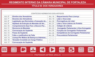 REGIMENTO INTERNO DA CÂMARA MUNICIPAL DE FORTALEZA
TÍTULO III: DOS VEREADORES

CONTEÚDO NORMATIVO DOS ARTIGOS
Art. 6º
Art. 7º
Art. 8º
Art. 9º
Art. 10
Art. 11
Art. 12
Art. 13
Art. 14
Art. 15
Art. 16
Art. 17

Direitos dos Vereadores
Deveres dos Vereadores
Legislação que Normatiza a Cassação do...
Hipótese de Extinção do Mandato de Ver...
Comportamento Que Fere o Decoro Par...
Renúncia do Mandato
Convocação do Suplente
Posse do Suplente
Falta e Justificativa de Falta
Licença Por Motivo de Doença ou Interesse...
Vereador Investido em Cargo Público
Convocação do Suplente

Art. 18
Art. 19
Art. 20
Art. 21
Art. 22
Art. 23
Art. 24
Art. 25
Art. 26
Art. 27
Art. 28
Art. 29

Requerimento Para Licença
Líder e Vice-Líder
Prerrogativas do Líder
Líder e Vice-Líderes do Prefeito
Colégio de Líderes
Corregedor Parlamentar e Vice-Corregedor
Funções do Corregedor Parlamentar
Competência do Corregedor Parlamentar
Procuradoria Parlamentar

MENU

SAIR

PROFESSOR ANTÔNIO ARAÚJO

 
