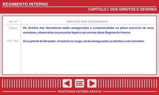 REGIMENTO INTERNO
CAPÍTULO I: DOS DIREITOS E DEVERES

Art. 6º

Caput

DIREITOS DOS VEREADORES

Os direitos dos Vereadores estão assegurados e compreendidos no pleno exercício de seus
mandatos, observados os preceitos legais e as normas deste Regimento Interno.

Par. Úni.

Ao suplente de Vereador, investido no cargo, serão assegurados os direitos a ele inerentes.

SAIR
PROFESSOR ANTÔNIO ARAÚJO

 