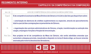 REGIMENTO INTERNO
CAPÍTULO II: DA COMPETÊNCIA E DA COMPOSIÇÃO

Art. 32

LEIS DE COMPETÊNCIA EXCLUSIVA DA MESA DIRETORA

Caput

É de competência exclusiva da Mesa Diretora da Câmara a iniciativa das leis que disponham sobre:

I.

– autorização de aberturas de créditos suplementares ou especiais, através do aproveitamento
total ou parcial das consignações orçamentárias da Câmara;

II.

– organização dos serviços administrativos da Câmara, criação, transformação ou extinção dos
cargos, empregos e funções e fixação da remuneração.

Par. Úni.

Nos projetos de lei de competência da Mesa da Câmara, não serão admitidas emendas que
aumentem a despesa prevista, ressalvado o disposto no inciso II deste artigo, se houver emenda
assinada pela maioria absoluta dos Vereadores.

SAIR
PROFESSOR ANTÔNIO ARAÚJO

 