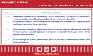 REGIMENTO INTERNO
CAPÍTULO II: DA COMPETÊNCIA E DA COMPOSIÇÃO

Art. 33

COMPOSIÇÃO DA MESA

Caput

A Mesa será composta de 1 (um) Presidente, 1 (um) vice-presidente, 1 (um) segundo vice-presidente,
1 (um) primeiro Secretário, 1 (um) segundo Secretário e 1 (um) terceiro Secretário.

§1º

Na composição da Mesa, tanto quanto possível, será assegurada a representação proporcional dos
partidos com assento na Câmara Municipal.

§2º

No impedimento ou ausência do Presidente e vice-presidentes, assumirá a Presidência o primeiro
Secretário, dando-se a substituição deste pelo segundo ou terceiro Secretário, pela ordem, e destes
pelo Vereador mais votado.

§3º

No caso de vaga, dar-se-á seu preenchimento, por via de nova eleição, nos termos do disposto neste
Regimento Interno.

SAIR
PROFESSOR ANTÔNIO ARAÚJO

 