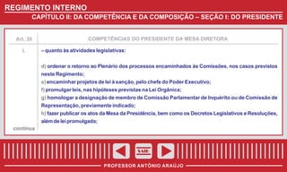 REGIMENTO INTERNO
CAPÍTULO II: DA COMPETÊNCIA E DA COMPOSIÇÃO – SEÇÃO I: DO PRESIDENTE

COMPETÊNCIAS DO PRESIDENTE DA MESA DIRETORA

Art. 38

I.

– quanto às atividades legislativas:
d) ordenar o retorno ao Plenário dos processos encaminhados às Comissões, nos casos previstos
neste Regimento;
e) encaminhar projetos de lei à sanção, pelo chefe do Poder Executivo;
f) promulgar leis, nas hipóteses previstas na Lei Orgânica;
g) homologar a designação de membro de Comissão Parlamentar de Inquérito ou de Comissão de
Representação, previamente indicado;
h) fazer publicar os atos da Mesa da Presidência, bem como os Decretos Legislativos e Resoluções,
além de lei promulgada;

continua

SAIR
PROFESSOR ANTÔNIO ARAÚJO

 