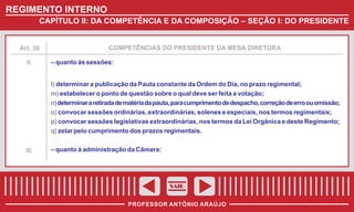 REGIMENTO INTERNO
CAPÍTULO II: DA COMPETÊNCIA E DA COMPOSIÇÃO – SEÇÃO I: DO PRESIDENTE

Art. 38

II.

COMPETÊNCIAS DO PRESIDENTE DA MESA DIRETORA

– quanto às sessões:
l) determinar a publicação da Pauta constante da Ordem do Dia, no prazo regimental;
m) estabelecer o ponto de questão sobre o qual deve ser feita a votação;
n) determinar a retirada de matéria da pauta, para cumprimento de despacho, correção de erro ou omissão;
o) convocar sessões ordinárias, extraordinárias, solenes e especiais, nos termos regimentais;
p) convocar sessões legislativas extraordinárias, nos termos da Lei Orgânica e deste Regimento;
q) zelar pelo cumprimento dos prazos regimentais.

III.

– quanto à administração da Câmara:

SAIR
PROFESSOR ANTÔNIO ARAÚJO

 