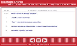 REGIMENTO INTERNO
CAPÍTULO II: DA COMPETÊNCIA E DA COMPOSIÇÃO – SEÇÃO III: DOS SECRETÁRIOS

Art. 49

Caput

ATRIBUIÇÕES DO SEGUNDO SECRETÁRIO

São atribuições do segundo Secretário:

I.

– ler a Ata da sessão anterior;

II.

– fazer o assentamento de votos, nas eleições;

III.

– assinar, depois do primeiro Secretário, as Atas das sessões plenárias;

IV.

– substituir o primeiro Secretário.

SAIR
PROFESSOR ANTÔNIO ARAÚJO

 