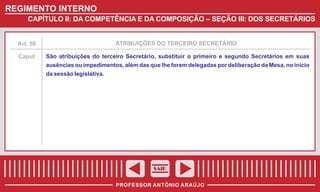 REGIMENTO INTERNO
CAPÍTULO II: DA COMPETÊNCIA E DA COMPOSIÇÃO – SEÇÃO III: DOS SECRETÁRIOS

Art. 50

ATRIBUIÇÕES DO TERCEIRO SECRETÁRIO

Caput

São atribuições do terceiro Secretário, substituir o primeiro e segundo Secretários em suas
ausências ou impedimentos, além das que lhe forem delegadas por deliberação da Mesa, no inicio
da sessão legislativa.

SAIR
PROFESSOR ANTÔNIO ARAÚJO

 