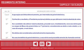 REGIMENTO INTERNO
CAPÍTULO I: DA ELEIÇÃO

APURAÇÃO DOS VOTOS

Art. 28

Caput

A apuração será feita eletronicamente, por intermédio do painel eletrônico.

§1º

Conhecido o resultado, o Presidente proclamará eleitos os que obtiverem maioria absoluta de votos.

§2º

Se o candidato não obtiver maioria absoluta, proceder-se-á, imediatamente, novo escrutínio para
os cargos da Mesa não preenchidos no 1º (primeiro), considerando-se eleito o mais votado, e, no
caso de empate, o mais idoso.

§3º

Os eleitos são considerados automaticamente empossados.

§4º

No caso de defeito do painel eletrônico, o escrutínio será procedido através de chamada nominal.

SAIR
PROFESSOR ANTÔNIO ARAÚJO

 