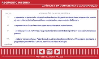REGIMENTO INTERNO
CAPÍTULO II: DA COMPETÊNCIA E DA COMPOSIÇÃO

Art. 31

ATRIBUIÇÕES DA MESA DIRETORA

V.

– apresentar projetos de lei, dispondo sobre abertura de gastos suplementares ou especiais, através
do aproveitamento total ou parcial das consignações orçamentárias da Câmara;

VI.

– representar ao Poder Executivo sobre necessidades de ordem interna;

VII.

– contratar pessoal, na forma da lei, para atender à necessidade temporária de excepcional interesse
público;

VIII.

– elaborar e encaminhar ao Poder Executivo, até a data estabelecida na Lei Orgânica do Município, a
proposta orçamentária da Câmara, a ser incluída na do Município.

continua

SAIR
PROFESSOR ANTÔNIO ARAÚJO

 
