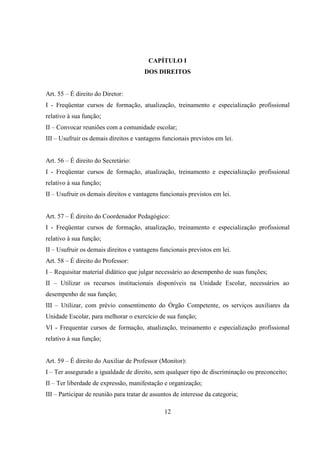 12
CAPÍTULO I
DOS DIREITOS
Art. 55 – É direito do Diretor:
I - Freqüentar cursos de formação, atualização, treinamento e especialização profissional
relativo à sua função;
II – Convocar reuniões com a comunidade escolar;
III – Usufruir os demais direitos e vantagens funcionais previstos em lei.
Art. 56 – É direito do Secretário:
I - Freqüentar cursos de formação, atualização, treinamento e especialização profissional
relativo à sua função;
II – Usufruir os demais direitos e vantagens funcionais previstos em lei.
Art. 57 – É direito do Coordenador Pedagógico:
I - Freqüentar cursos de formação, atualização, treinamento e especialização profissional
relativo à sua função;
II – Usufruir os demais direitos e vantagens funcionais previstos em lei.
Art. 58 – É direito do Professor:
I – Requisitar material didático que julgar necessário ao desempenho de suas funções;
II – Utilizar os recursos institucionais disponíveis na Unidade Escolar, necessários ao
desempenho de sua função;
III – Utilizar, com prévio consentimento do Órgão Competente, os serviços auxiliares da
Unidade Escolar, para melhorar o exercício de sua função;
VI - Frequentar cursos de formação, atualização, treinamento e especialização profissional
relativo à sua função;
Art. 59 – É direito do Auxiliar de Professor (Monitor):
I – Ter assegurado a igualdade de direito, sem qualquer tipo de discriminação ou preconceito;
II – Ter liberdade de expressão, manifestação e organização;
III – Participar de reunião para tratar de assuntos de interesse da categoria;
 