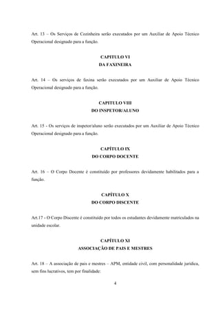 4
Art. 13 – Os Serviços de Cozinheira serão executados por um Auxiliar de Apoio Técnico
Operacional designado para a função.
CAPITULO VI
DA FAXINEIRA
Art. 14 – Os serviços de faxina serão executados por um Auxiliar de Apoio Técnico
Operacional designado para a função.
CAPITULO VIII
DO INSPETOR/ALUNO
Art. 15 - Os serviços de inspetor/aluno serão executados por um Auxiliar de Apoio Técnico
Operacional designado para a função.
CAPÍTULO IX
DO CORPO DOCENTE
Art. 16 – O Corpo Docente é constituído por professores devidamente habilitados para a
função.
CAPÍTULO X
DO CORPO DISCENTE
Art.17 - O Corpo Discente é constituído por todos os estudantes devidamente matriculados na
unidade escolar.
CAPÍTULO XI
ASSOCIAÇÃO DE PAIS E MESTRES
Art. 18 – A associação de pais e mestres – APM, entidade civil, com personalidade jurídica,
sem fins lucrativos, tem por finalidade:
 