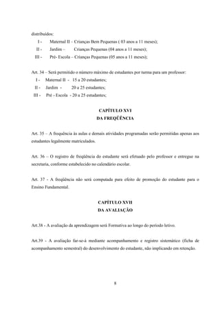 8
distribuídos:
I - Maternal II – Crianças Bem Pequenas ( 03 anos a 11 meses);
II - Jardim – Crianças Pequenas (04 anos a 11 meses);
III - Pré- Escola – Crianças Pequenas (05 anos a 11 meses);
Art. 34 – Será permitido o número máximo de estudantes por turma para um professor:
I - Maternal II - 15 a 20 estudantes;
II - Jardim - 20 a 25 estudantes;
III - Pré - Escola - 20 a 25 estudantes;
CAPÍTULO XVI
DA FREQÜÊNCIA
Art. 35 – A frequência às aulas e demais atividades programadas serão permitidas apenas aos
estudantes legalmente matriculados.
Art. 36 – O registro de freqüência do estudante será efetuado pelo professor e entregue na
secretaria, conforme estabelecido no calendário escolar.
Art. 37 - A freqüência não será computada para efeito de promoção do estudante para o
Ensino Fundamental.
CAPÍTULO XVII
DA AVALIAÇÃO
Art.38 - A avaliação da aprendizagem será Formativa ao longo do período letivo.
Art.39 - A avaliação far-se-á mediante acompanhamento e registro sistemático (ficha de
acompanhamento semestral) do desenvolvimento do estudante, não implicando em retenção.
 
