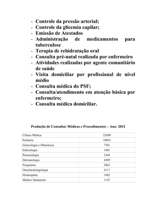 -

Controle da pressão arterial;
Controle da glicemia capilar;
Emissão de Atestados
Administração de medicamentos para
tuberculose
Terapia de rehidratação oral
Consulta pré-natal realizada por enfermeiro
Atividades realizadas por agente comunitário
de saúde
Visita domiciliar por profissional de nível
médio
Consulta médica do PSF;
Consulta/atendimento em atenção básica por
enfermeiro;
Consulta médica domiciliar.

Produção de Consultas Médicas e Procedimentos – Ano: 2012
Clínica Médica

22690

Pediatria

10691

Ginecologia e Obstetrícia

7701

Infectologia

1401

Pneumologia

2344

Dermatologia

4309

Psiquiatria

3863

Otorrinolaringologia

4117

Homeopatia

1482

Médico Sanitarista

1147

 