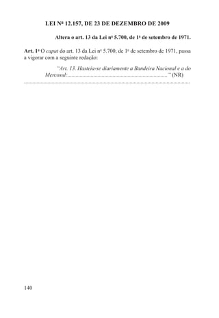 LEI Nº 12.157, DE 23 DE DEZEMBRO DE 2009

                      Altera o art. 13 da Lei no 5.700, de 1o de setembro de 1971.

Art. 1o O caput do art. 13 da Lei no 5.700, de 1o de setembro de 1971, passa
a vigorar com a seguinte redação:
                        “Art. 13. Hasteia-se diariamente a Bandeira Nacional e a do
               Mercosul:.........................................................................” (NR)
.........................................................................................................................




140
 