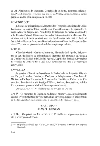 do-Ar, Almirantes-de-Esquadra, Generais-de-Exército, Tenentes-Brigadei-
ros, Presidentes dos Tribunais Superiores da União, Embaixadores, e outras
personalidades de hierarquia equivalente;

COMENDADOR
     Reitores de universidades, Membros dos Tribunais Superiores da União,
Presidentes de Assembléias Legislativas, Vice-Almirantes, Generais-de-Di-
visão, Majores-Brigadeiros, Presidentes de Tribunais de Justiça dos Estados
e do Distrito Federal, Cientistas, Enviados Extraordinários e Ministros Ple-
nipotenciários, Secretários dos Governos dos Estados e do Distrito Federal,
Secretários-Gerais e Diretores-Gerais de ambas as Casas do Congresso Na-
cional(***), e outras personalidades de hierarquia equivalente;
OFICIAL
     Cônsules-Gerais, Contra-Almirantes, Generais-de-Brigada, Brigadei-
ros-do-Ar, Professores de universidades, Membros dos Tribunais de Justiça e
de Contas dos Estados e do Distrito Federal, Deputados Estaduais, Primeiros
Secretários de Embaixada ou Legação, e outras personalidades de hierarquia
equivalente;
CAVALEIRO
     Segundos e Terceiros Secretários de Embaixada ou Legação, Oficiais
das Forças Armadas, Escritores, Professores, Magistrados e Membros do
Ministério Público, Membros de Associações Científicas, Culturais ou Co-
merciais, Funcionários do Serviço Público, Artistas, Desportistas, Adidos
Civis, e outras personalidades de hierarquia equivalente.
     Parágrafo único.  Não há limitação de vagas na Ordem.
Art. 9º  Os membros da Ordem só podem ser promovidos ao grau imediato
quando tiverem prestado novos e relevantes serviços à Nação, e, em especial,
ao Poder Legislativo do Brasil, após o interstício de 4 (quatro) anos.

                               CAPÍTULO V
                              DAS PROPOSTAS
Art. 10.  São privativas dos membros do Conselho as propostas de admis-
são e promoção na Ordem.

(***)  Dispositivo alterado pelo Ato nº 2, de 1979, do Conselho da Ordem do Congresso
       Nacional.

146
 