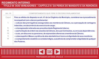 REGIMENTO INTERNO
TÍTULO III: DOS VEREADORES – CAPÍTULO II: DA PERDA DO MANDATO E DA RENÚNCIA

Art. 10

Caput
I.
II.
III.
IV.
V.
VI.

COMPORTAMENTO QUE FERE O DECORO PARLAMENTAR

Para os efeitos do disposto no art. 41 da Lei Orgânica do Município, considerar-se-á procedimento
incompatível com o decoro parlamentar:
– o abuso das prerrogativas asseguradas aos membros da Câmara, ou a percepção de vantagens
indevidas, em decorrência do exercício do cargo;
– a transgressão reiterada aos preceitos deste Regimento Interno;
– a perturbação da ordem nas sessões da Câmara, de suas Comissões, ou em suas dependências;
– o uso, em discurso ou pareceres, de expressões ofensivas a membros da Câmara;
– o desrespeito à Mesa e a prática de atos atentatórios à honra e à dignidade de seus membros;
– o comportamento vexatório e a conduta indigna, suscetíveis de comprometer a dignidade de qualquer
dos Poderes.

SAIR
PROFESSOR ANTÔNIO ARAÚJO

 