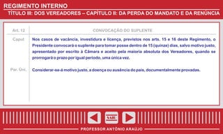 REGIMENTO INTERNO
TÍTULO III: DOS VEREADORES – CAPÍTULO II: DA PERDA DO MANDATO E DA RENÚNCIA

Art. 12

Caput

CONVOCAÇÃO DO SUPLENTE

Nos casos de vacância, investidura e licença, previstos nos arts. 15 e 16 deste Regimento, o
Presidente convocará o suplente para tomar posse dentro de 15 (quinze) dias, salvo motivo justo,
apresentado por escrito à Câmara e aceito pela maioria absoluta dos Vereadores, quando se
prorrogará o prazo por igual período, uma única vez.

Par. Úni.

Considerar-se-á motivo justo, a doença ou ausência do país, documentalmente provadas.

SAIR
PROFESSOR ANTÔNIO ARAÚJO

 