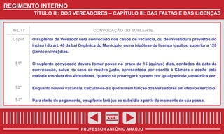REGIMENTO INTERNO
TÍTULO III: DOS VEREADORES – CAPÍTULO III: DAS FALTAS E DAS LICENÇAS

Art. 17

CONVOCAÇÃO DO SUPLENTE

Caput

O suplente de Vereador será convocado nos casos de vacância, ou de investidura previstos do
inciso I do art. 40 da Lei Orgânica do Município, ou na hipótese de licença igual ou superior a 120
(cento e vinte) dias.

§1º

O suplente convocado deverá tomar posse no prazo de 15 (quinze) dias, contados da data da
convocação, salvo no caso de motivo justo, apresentado por escrito à Câmara e aceito pela
maioria absoluta dos Vereadores, quando se prorrogará o prazo, por igual período, uma única vez.

§2º

Enquanto houver vacância, calcular-se-á o quorum em função dos Vereadores em efetivo exercício.

§3º

Para efeito de pagamento, o suplente fará jus ao subsídio a partir do momento de sua posse.

SAIR
PROFESSOR ANTÔNIO ARAÚJO

 