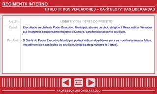 REGIMENTO INTERNO
TÍTULO III: DOS VEREADORES – CAPÍTULO IV: DAS LIDERANÇAS

Art. 21

LÍDER E VICE-LÍDERES DO PREFEITO

Caput

É facultado ao chefe do Poder Executivo Municipal, através de ofício dirigido à Mesa, indicar Vereador
que interprete seu pensamento junto à Câmara, para funcionar como seu líder.

Par. Úni.

O Chefe do Poder Executivo Municipal poderá indicar vice-líderes para se manifestarem nas faltas,
impedimentos e ausências do seu líder, limitado até o número de 3 (três).

SAIR
PROFESSOR ANTÔNIO ARAÚJO

 