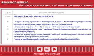 REGIMENTO INTERNO
TÍTULO III: DOS VEREADORES – CAPÍTULO I: DOS DIREITOS E DEVERES

Art. 7º

Caput
I.
II.
III.
IV.
V.

DEVERES DOS VEREADORES

São deveres do Vereador, além dos aludidos em lei:
– comparecer, à hora regimental, nos dias designados, às sessões da Câmara Municipal, apresentando
por escrito ou verbalmente, à Mesa, justificativa pelo não comparecimento;
– não se eximir de qualquer trabalho ou encargo relativo ao desempenho do mandato;
– dar, nos prazos regimentais, votos e pareceres, comparecendo a esta e votando nas reuniões da
Comissão a que pertencer;
– propor, ou levar ao conhecimento da Câmara Municipal, medidas que julgar convenientes aos
interesses do Município e de sua população;
– impugnar medidas e propostas que lhe pareçam prejudiciais ao interesse público.

SAIR
PROFESSOR ANTÔNIO ARAÚJO

 