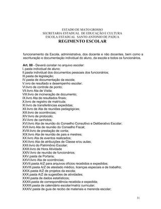 ESTADO DE MATO GROSSO
              SECRETARIA ESTADUAL DE EDUCAÇÃO E CULTURA
                ESCOLA ESTADUAL SANTO ANTONIO DE PADUA
                         REGIMENTO ESCOLAR


funcionamento da Escola, administrativa, dos docente e não docentes, bem como a
escrituração e documentação individual do aluno, da escola e todos os funcionários.

Art. 88 - Deverá constar no arquivo escolar:
I. pasta individual de aluno;
II.pasta individual dos documentos pessoais dos funcionários;
III.pasta de legislação;
IV.pasta de documentação da escola;
V.ivro de resultado e desempenho escolar;
VI.livro de controle de ponto;
VII.livro Ata de Visita;
VIII.livro de incineração de documento;
IX.livro Ata de resultados finais;
X.livro de registro de matrícula;
XI.livro de transferências expedidas;
XII.livro de Ata de reuniões pedagógicas;
XIII.livro de ocorrências;
XIV.livro de protocolo;
XV.livro de canhotos;
XVI.livro Ata de reunião do Conselho Consultivo e Deliberativo Escolar;
XVII.livro Ata de reunião do Conselho Fiscal;
XVIII.livro de prestação de conta;
XIX.livro Ata de reunião de pais e mestres;
XX.livro Ata de eventos realizados;
XXI.livro Ata de atribuições de Classe e/ou aulas;
XXII.livro do Patrimônio Escolar;
XXIII.livro de Hora Atividade
XXIV.livro de reunião de funcionários;
XXV.pasta de Portaria;
XXVI.livro Ata de ocorrências;
XXVII.pasta A/Z para arquivos ofícios recebidos e expedidos;
XXVIII.pasta A/Z de atestado médico, licenças especiais e de trabalho;
XXIX.pasta A/Z de projetos da escola;
XXX.pasta A/Z de sugestões de atividades;
XXXI.pasta de dados estatísticos;
XXXII.pasta de correspondência recebida e expedida;
XXXIII.pasta de calendário escolar/matriz curricular;
XXXIV.pasta de guia de recibo de materiais e merenda escolar;

                                                                              31
 