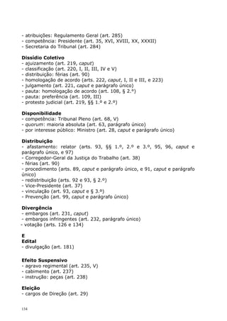- atribuições: Regulamento Geral (art. 285)
- competência: Presidente (art. 35, XVI, XVIII, XX, XXXII)
- Secretaria do Tribunal (art. 284)

Dissídio Coletivo
- ajuizamento (art. 219, caput)
- classificação (art. 220, I, II, III, IV e V)
- distribuição: férias (art. 90)
- homologação de acordo (arts. 222, caput, I, II e III, e 223)
- julgamento (art. 221, caput e parágrafo único)
- pauta: homologação de acordo (art. 108, § 2.°)
- pauta: preferência (art. 109, III)
- protesto judicial (art. 219, §§ 1.º e 2.º)

Disponibilidade
- competência: Tribunal Pleno (art. 68, V)
- quorum: maioria absoluta (art. 63, parágrafo único)
- por interesse público: Ministro (art. 28, caput e parágrafo único)

Distribuição
- afastamento: relator (arts. 93, §§ 1.º, 2.º e 3.º, 95, 96, caput e
parágrafo único, e 97)
- Corregedor-Geral da Justiça do Trabalho (art. 38)
- férias (art. 90)
- procedimento (arts. 89, caput e parágrafo único, e 91, caput e parágrafo
único)
- redistribuição (arts. 92 e 93, § 2.º)
- Vice-Presidente (art. 37)
- vinculação (art. 93, caput e § 3.º)
- Prevenção (art. 99, caput e parágrafo único)

 Divergência
 - embargos (art. 231, caput)
 - embargos infringentes (art. 232, parágrafo único)
- votação (arts. 126 e 134)

E
Edital
- divulgação (art. 181)

Efeito Suspensivo
- agravo regimental (art. 235, V)
- cabimento (art. 237)
- instrução: peças (art. 238)

Eleição
- cargos de Direção (art. 29)


134
 