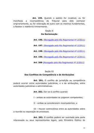Art. 195. Quando o pedido for incabível, ou for
manifesta     a   incompetência    do   Tribunal  para  dele  conhecer
originariamente, ou for reiteração de outro com os mesmos fundamentos,
o Relator o indeferirá liminarmente.

                                Seção II
                           Da Reclamação


                    Art. 196. (Revogado pelo Ato Regimental nº 2/2011)


                    Art. 197. (Revogado pelo Ato Regimental nº 2/2011)


                    Art. 198. (Revogado pelo Ato Regimental nº 2/2011)


                    Art. 199. (Revogado pelo Ato Regimental nº 2/2011)


                    Art. 200 (Revogado pelo Ato Regimental nº 2/2011)



                               Seção III
           Dos Conflitos de Competência e de Atribuições

                      Art. 201. O conflito de jurisdição ou competência
poderá ocorrer entre autoridades judiciárias, e o de atribuições, entre
autoridades judiciárias e administrativas.


                    Art. 202. Dar-se-á conflito quando:


                    I - ambas as autoridades se julgarem competentes;


                    II - ambas se considerarem incompetentes; e


                    III - houver controvérsia entre as autoridades sobre
a reunião ou separação de processos.


                   Art. 203. O conflito poderá ser suscitado pela parte
interessada ou seus representantes legais, pelo Ministério Público do



                                                                        83
 