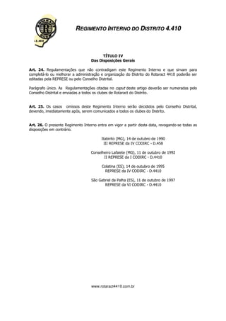 REGIMENTO INTERNO DO DISTRITO 4.410



                                         TÍTULO IV
                                   Das Disposições Gerais

Art. 24. Regulamentações que não contradigam este Regimento Interno e que sirvam para
completá-lo ou melhorar a administração e organização do Distrito do Rotaract 4410 poderão ser
editadas pela REPRESE ou pelo Conselho Distrital.

Parágrafo único. As Regulamentações citadas no caput deste artigo deverão ser numeradas pelo
Conselho Distrital e enviadas a todos os clubes de Rotaract do Distrito.


Art. 25. Os casos omissos deste Regimento Interno serão decididos pelo Conselho Distrital,
devendo, imediatamente após, serem comunicados a todos os clubes do Distrito.


Art. 26. O presente Regimento Interno entra em vigor a partir desta data, revogando-se todas as
disposições em contrário.

                                        Itabirito (MG), 14 de outubro de 1990
                                          III REPRESE da IV CODIRC - D.458

                                   Conselheiro Lafaiete (MG), 11 de outubro de 1992
                                          II REPRESE da I CODIRC - D.4410

                                         Colatina (ES), 14 de outubro de 1995
                                           REPRESE da IV CODIRC - D.4410

                                   São Gabriel da Palha (ES), 11 de outubro de 1997
                                          REPRESE da VI CODIRC - D.4410




                                   www.rotaract4410.com.br
 