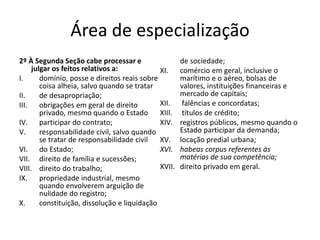 Área de especialização
2º À Segunda Seção cabe processar e
julgar os feitos relativos a:
I. domínio, posse e direitos reais sobre
coisa alheia, salvo quando se tratar
II. de desapropriação;
III. obrigações em geral de direito
privado, mesmo quando o Estado
IV. participar do contrato;
V. responsabilidade civil, salvo quando
se tratar de responsabilidade civil
VI. do Estado;
VII. direito de família e sucessões;
VIII. direito do trabalho;
IX. propriedade industrial, mesmo
quando envolverem arguição de
nulidade do registro;
X. constituição, dissolução e liquidação
de sociedade;
XI. comércio em geral, inclusive o
marítimo e o aéreo, bolsas de
valores, instituições financeiras e
mercado de capitais;
XII. falências e concordatas;
XIII. títulos de crédito;
XIV. registros públicos, mesmo quando o
Estado participar da demanda;
XV. locação predial urbana;
XVI. habeas corpus referentes às
matérias de sua competência;
XVII. direito privado em geral.
 