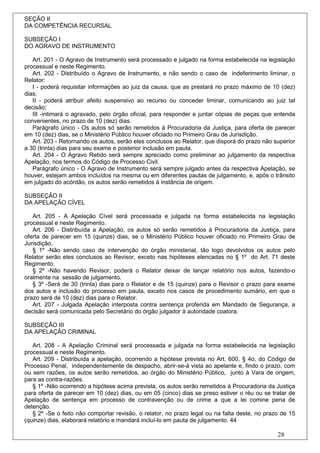 SEÇÃO II
DA COMPETÊNCIA RECURSAL

SUBSEÇÃO I
DO AGRAVO DE INSTRUMENTO

   Art. 201 - O Agravo de Instrumento será processado e julgado na forma estabelecida na legislação
processual e neste Regimento.
   Art. 202 - Distribuído o Agravo de Instrumento, e não sendo o caso de indeferimento liminar, o
Relator:
   I - poderá requisitar informações ao juiz da causa, que as prestará no prazo máximo de 10 (dez)
dias;
   II - poderá atribuir afeito suspensivo ao recurso ou conceder liminar, comunicando ao juiz tal
decisão;
   III -intimará o agravado, pelo órgão oficial, para responder e juntar cópias de peças que entenda
convenientes, no prazo de 10 (dez) dias.
   Parágrafo único - Os autos só serão remetidos à Procuradoria da Justiça, para oferta de parecer
em 10 (dez) dias, se o Ministério Público houver oficiado no Primeiro Grau de Jurisdição.
   Art. 203 - Retornando os autos, serão eles conclusos ao Relator, que disporá do prazo não superior
a 30 (trinta) dias para seu exame e posterior inclusão em pauta.
   Art. 204 - O Agravo Retido será sempre apreciado como preliminar ao julgamento da respectiva
Apelação, nos termos do Código de Processo Civil.
   Parágrafo único - O Agravo de Instrumento será sempre julgado antes da respectiva Apelação, se
houver, estejam ambos incluídos na mesma ou em diferentes pautas de julgamento, e, após o trânsito
em julgado do acórdão, os autos serão remetidos à instância de origem.

SUBSEÇÃO II
DA APELAÇÃO CÍVEL

   Art. 205 - A Apelação Cível será processada e julgada na forma estabelecida na legislação
processual e neste Regimento.
   Art. 206 - Distribuída a Apelação, os autos só serão remetidos à Procuradoria da Justiça, para
oferta de parecer em 15 (quinze) dias, se o Ministério Público houver oficiado no Primeiro Grau de
Jurisdição.
   § 1º -Não sendo caso de intervenção do órgão ministerial, tão logo devolvidos os autos pelo
Relator serão eles conclusos ao Revisor, exceto nas hipóteses elencadas no § 1º do Art. 71 deste
Regimento.
   § 2º -Não havendo Revisor, poderá o Relator deixar de lançar relatório nos autos, fazendo-o
oralmente na sessão de julgamento.
   § 3º -Será de 30 (trinta) dias para o Relator e de 15 (quinze) para o Revisor o prazo para exame
dos autos e inclusão do processo em pauta, exceto nos casos de procedimento sumário, em que o
prazo será de 10 (dez) dias para o Relator.
   Art. 207 - Julgada Apelação interposta contra sentença proferida em Mandado de Segurança, a
decisão será comunicada pelo Secretário do órgão julgador à autoridade coatora.

SUBSEÇÃO III
DA APELAÇÃO CRIMINAL

   Art. 208 - A Apelação Criminal será processada e julgada na forma estabelecida na legislação
processual e neste Regimento.
   Art. 209 - Distribuída a apelação, ocorrendo a hipótese prevista no Art. 600, § 4o, do Código de
Processo Penal, independentemente de despacho, abrir-se-á vista ao apelante e, findo o prazo, com
ou sem razões, os autos serão remetidos, ao órgão do Ministério Público, junto à Vara de origem,
para as contra-razões.
   § 1º -Não ocorrendo a hipótese acima prevista, os autos serão remetidos à Procuradoria da Justiça
para oferta de parecer em 10 (dez) dias, ou em 05 (cinco) dias se preso estiver o réu ou se tratar de
Apelação de sentença em processo de contravenção ou de crime a que a lei comine pena de
detenção.
   § 2º -Se o feito não comportar revisão, o relator, no prazo legal ou na falta deste, no prazo de 15
(quinze) dias, elaborará relatório e mandará incluí-lo em pauta de julgamento. 44

                                                                                               28
 
