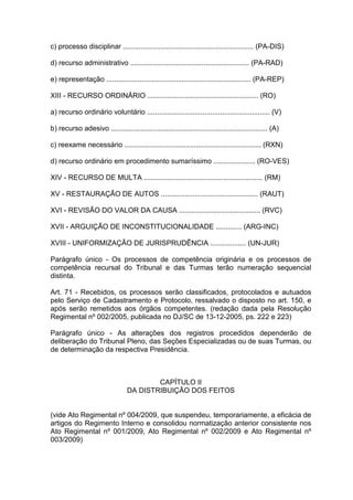 c) processo disciplinar .................................................................. (PA-DIS)
d) recurso administrativo ............................................................ (PA-RAD)
e) representação ......................................................................... (PA-REP)
XIII - RECURSO ORDINÁRIO ........................................................ (RO)
a) recurso ordinário voluntário .............................................................. (V)
b) recurso adesivo ............................................................................... (A)
c) reexame necessário ..................................................................... (RXN)
d) recurso ordinário em procedimento sumaríssimo ..................... (RO-VES)
XIV - RECURSO DE MULTA ............................................................ (RM)
XV - RESTAURAÇÃO DE AUTOS ................................................. (RAUT)
XVI - REVISÃO DO VALOR DA CAUSA ......................................... (RVC)
XVII - ARGUIÇÃO DE INCONSTITUCIONALIDADE ............. (ARG-INC)
XVIII - UNIFORMIZAÇÃO DE JURISPRUDÊNCIA .................. (UN-JUR)
Parágrafo único - Os processos de competência originária e os processos de
competência recursal do Tribunal e das Turmas terão numeração sequencial
distinta.
Art. 71 - Recebidos, os processos serão classificados, protocolados e autuados
pelo Serviço de Cadastramento e Protocolo, ressalvado o disposto no art. 150, e
após serão remetidos aos órgãos competentes. (redação dada pela Resolução
Regimental nº 002/2005, publicada no DJ/SC de 13-12-2005, ps. 222 e 223)
Parágrafo único - As alterações dos registros procedidos dependerão de
deliberação do Tribunal Pleno, das Seções Especializadas ou de suas Turmas, ou
de determinação da respectiva Presidência.
CAPÍTULO II
DA DISTRIBUIÇÃO DOS FEITOS
(vide Ato Regimental nº 004/2009, que suspendeu, temporariamente, a eficácia de
artigos do Regimento Interno e consolidou normatização anterior consistente nos
Ato Regimental nº 001/2009, Ato Regimental nº 002/2009 e Ato Regimental nº
003/2009)
 